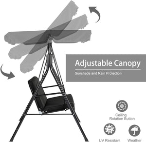Outdoor Patio Swing Chair for Adults, 3-Seat Porch Swings with Adjustable Canopy, Outside Swing Bench with Removable Cushion, Suitable for Backyard, Garden, Yard, Poolside, Balcony (Black)