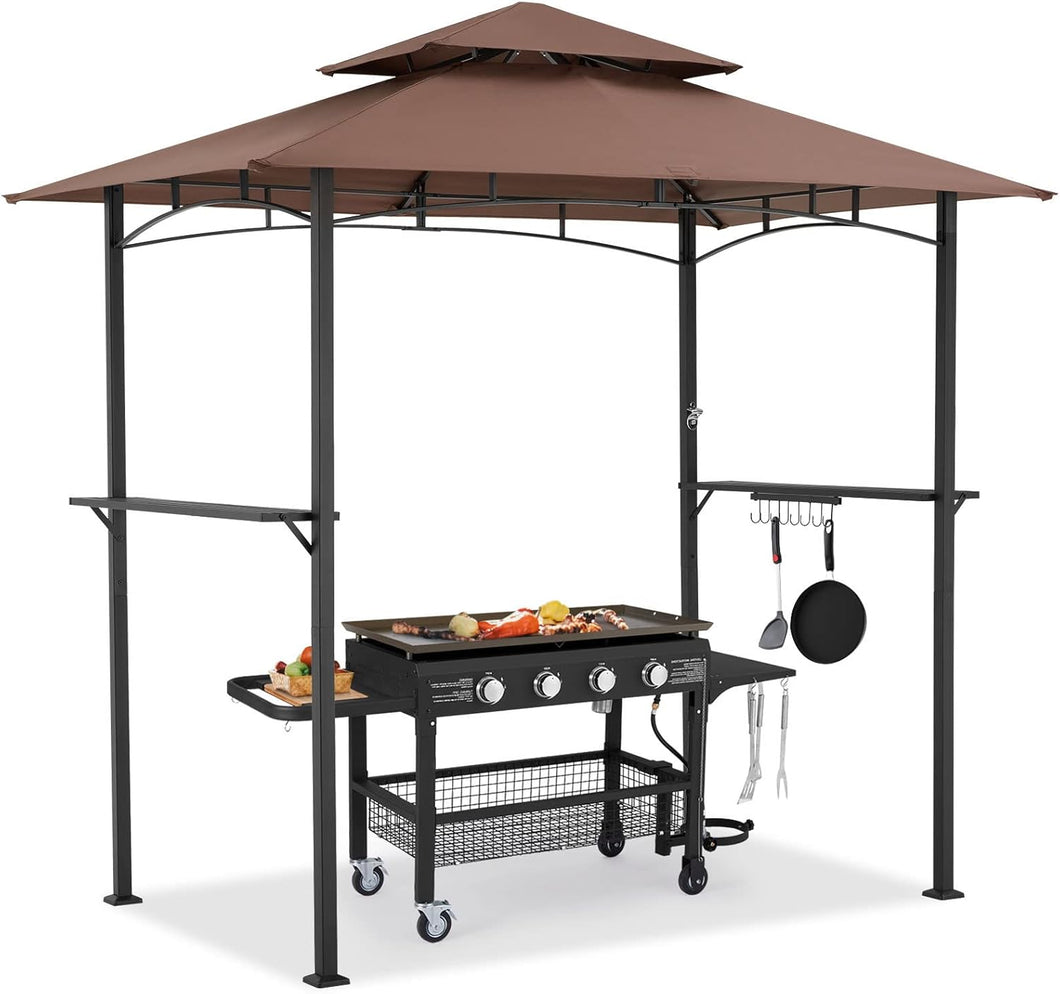 New 8' x 5' Outdoor Grill Gazebo Canopy, BBQ Canopy for Outdoor Grill, 2- Tier BBQ Grill Gazebo Shelter for Patio, Backyard and More (Brown)