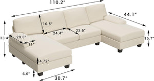 Convertible Sectional Sofa Couch, 4 Seat Sofa Set for Living Room U-Shaped Modern Fabric Modular Sofa Sleeper with Double Chaise & Memory Foam (White)