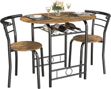 Load image into Gallery viewer, New 3-Piece Wooden Round Table &amp; Chair Set, Space Saving Kitchen Breakfast Nook Wood Grain Tabletop with Metal Frame and Built-in Wine Rack for Kitchen, Dining Room (Brown/Black)
