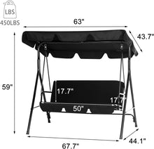 Cargar imagen en el visor de la galería, Outdoor Patio Swing Chair for Adults, 3-Seat Porch Swings with Adjustable Canopy, Outside Swing Bench with Removable Cushion, Suitable for Backyard, Garden, Yard, Poolside, Balcony (Black)
