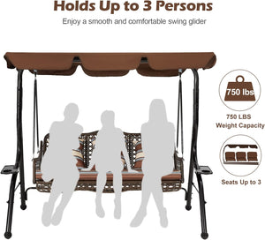 New 3-Seat Outdoor Patio Swing Chair, Large Converting Canopy Porch Swing Glider, Hammock Lounge Chair for Porch, Rattan Wicker Steel Frame Cushion & Pillow, Brown