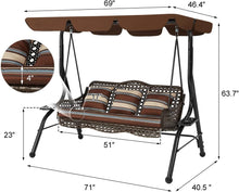 Cargar imagen en el visor de la galería, New 3-Seat Outdoor Patio Swing Chair, Large Converting Canopy Porch Swing Glider, Hammock Lounge Chair for Porch, Rattan Wicker Steel Frame Cushion &amp; Pillow, Brown
