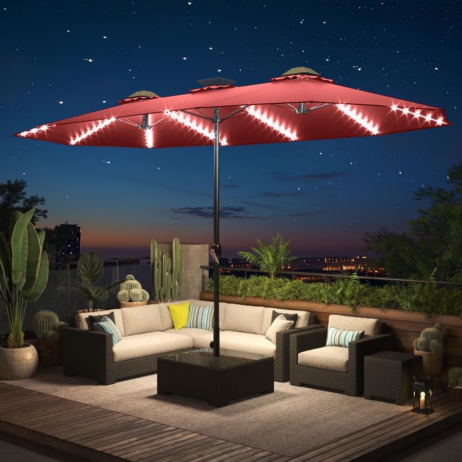 New 15ft Patio Umbrella with Solar Lights, Large Double Umbrella Outdoor, Rectangle Deck Umbrella with 156 PCS LED Lights and Crank Handle for Backyard Deck Pool Shade in Burgundy(1.9