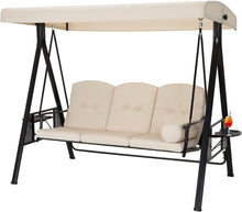 Cargar imagen en el visor de la galería, New 3-Seat Outdoor Patio Swing Chair,Canopy Swing with Retractable Side Table and Round Pillow, Adjustable Canopy Hammock &amp; Steel Frame &amp; Removable Cushion, Beige
