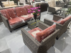 New 4 Pieces Patio Furniture Set Outdoor Sofa Couch with Table Comfy Cushions, Modern Deep Seat Wicker Rattan Conversation Set for Porch Deck, Orange Red