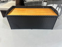 Cargar imagen en el visor de la galería, Patio Storage Bench Rattan Wicker Deck Box with Acacia Wood Seat, Gas Strut, Zipper Liner, Handles, Outdoor Storage Container for Patio Furniture Cushions Pillows
