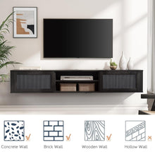 Cargar imagen en el visor de la galería, New WAMPAT 70&quot; Floating TV Stand with Power Outlet, 2-Tier Wood Media Console Entertainment Center with 2 Rattan Doors, Modern Wall Mounted TV Shelf Cabinet for Under TV, Living Room, Bedroom, Black
