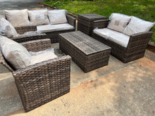 Cargar imagen en el visor de la galería, NEW 7 Seats Patio Furniture Set with Two Storage Boxes, Outdoor Rattan Conversation Set，All-Weather PE Wicker Sectional Sofa Outdoor Furniture for Garden, Backyard, Deck, Brown Rattan&amp;Beige
