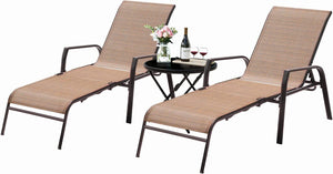 Adjustable Patio Chaise Lounge Set 3 Pieces Textiline Outdoor Foldable Metal Reclining Chairs with Sturdy Glass Top Bistro Table for Beach, Poolside, Backyard, Porch (Beige)