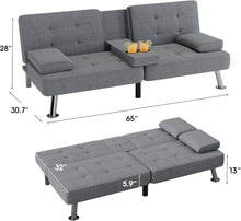 Cargar imagen en el visor de la galería, Futon Sofa Bed Modern Folding Futon Set Linen Fabric Convertible Recliner Lounge for Living Room with 2 Cup Holders, Removable Armrests (Fabric, Grey)
