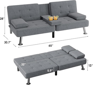 Futon Sofa Bed Modern Folding Futon Set Linen Fabric Convertible Recliner Lounge for Living Room with 2 Cup Holders, Removable Armrests (Fabric, Grey)