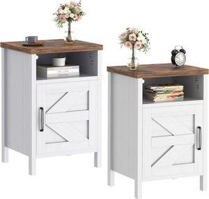 Farmhouse Nightstand, Modern Bedside Table Set of 2 with Barn Door and Shelf, Rustic End Table Side Table for Bedroom, Living Room (White)