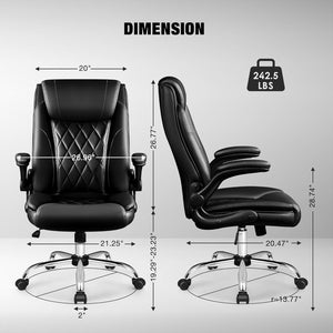 NEW Faux Leather Ergonomic Office Chair High Back Executive Desk Chair Flip Up Arms Padded Comfortable Managerial Chair with Lumbar Support Swivel Computer Gaming Chair (Black)
