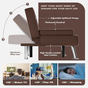 Faux Leather Futon Sofa Bed Futon Couch with Removable Armrests Adjustable Sleeper Sofa Bed with 2 Cup Holders for Living Room (PU Leather, Brown)