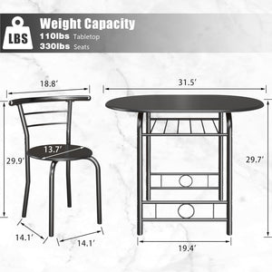 New 3-Piece Wooden Round Table & Chair Set, Space Saving Kitchen Breakfast Nook Wood Grain Tabletop with Metal Frame and Built-in Wine Rack for Kitchen, Dining Room (Black)