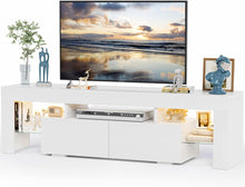 Load image into Gallery viewer, NEW TV Stand with LED Lights, Modern Entertainment Center Media and Open Shelf Console Table Storage Desk with 1 Drawer and Remote Control 20 Color LED Lights up to 70 Inch TV (White)
