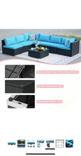 Cargar imagen en el visor de la galería, New 7-Piece Patio Furniture Set - Outdoor Sectional Sofa Set with Cushions and Glass-Top Coffee Table for Gardens, Poolside, Backyards and Porches, Black/Blue
