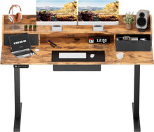 Load image into Gallery viewer, Height Adjustable Electric Standing Desk with Triple Drawers 55 x 24 Inches Stand Up Desk with Large Storage Shelf Memory Preset Sit Stand Desk, Rustic Brown
