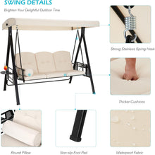 Cargar imagen en el visor de la galería, New 3-Seat Outdoor Patio Swing Chair,Canopy Swing with Retractable Side Table and Round Pillow, Adjustable Canopy Hammock &amp; Steel Frame &amp; Removable Cushion, Beige
