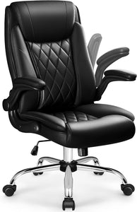 NEW Faux Leather Ergonomic Office Chair High Back Executive Desk Chair Flip Up Arms Padded Comfortable Managerial Chair with Lumbar Support Swivel Computer Gaming Chair (Black)