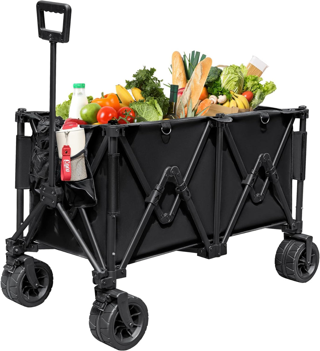 Collapsible Foldable Wagon with 300lbs Weight Capacity, Heavy Duty Utility Garden Cart for Beach, Sports, Shopping, Camping with Big All-Terrain Wheels & Cover Bag（Black）