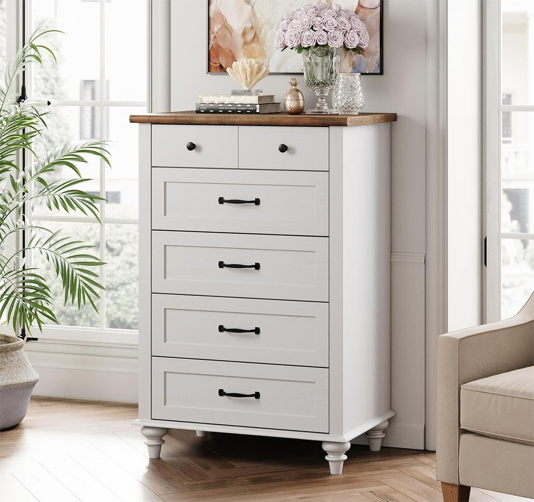 WAMPAT White Dresser for Bedroom with 5 Drawers, Small Kids Dressers with Wide Chest of Drawers, Mid Century Wooden Closet Storage Organizer, Tall Dressers for Nursery, Living Room, Hallway
