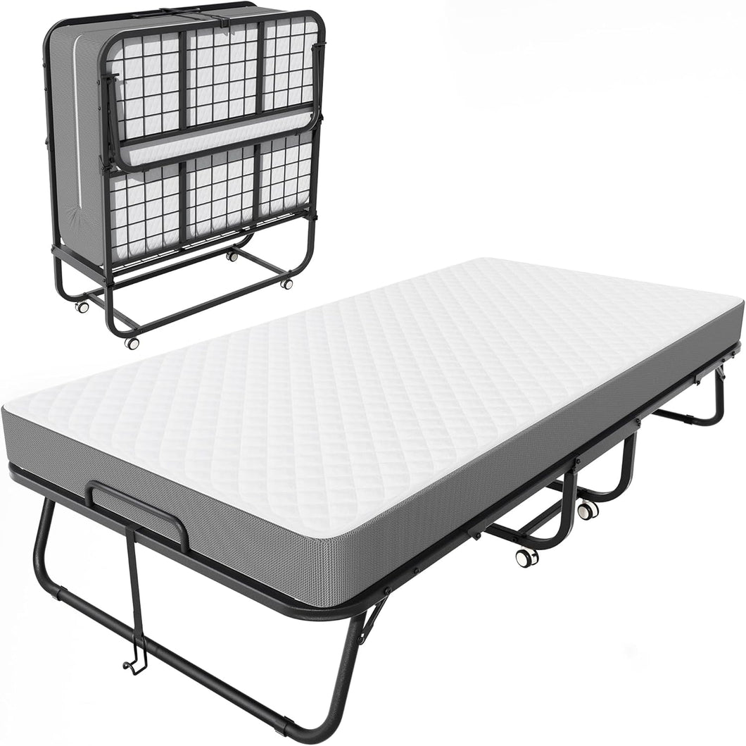 Folding Single Bed with Mattress, Roll Away Beds for Adults, 75