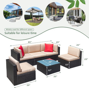 Patio Furniture Sets 6 Pieces Outdoor Sectional Rattan Sofa Manual Weaving Wicker Patio Conversation Set with Glass Table and Cushion (Beige)