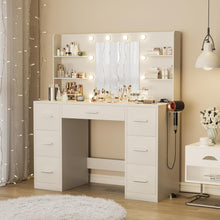 Load image into Gallery viewer, Vanity Desk with Mirror, LED Lights and Power Outlet Makeup Vanity Table with 7 Drawers and 6 Storage Shelves Dressing Table for Bedroom Dressing Room (White)
