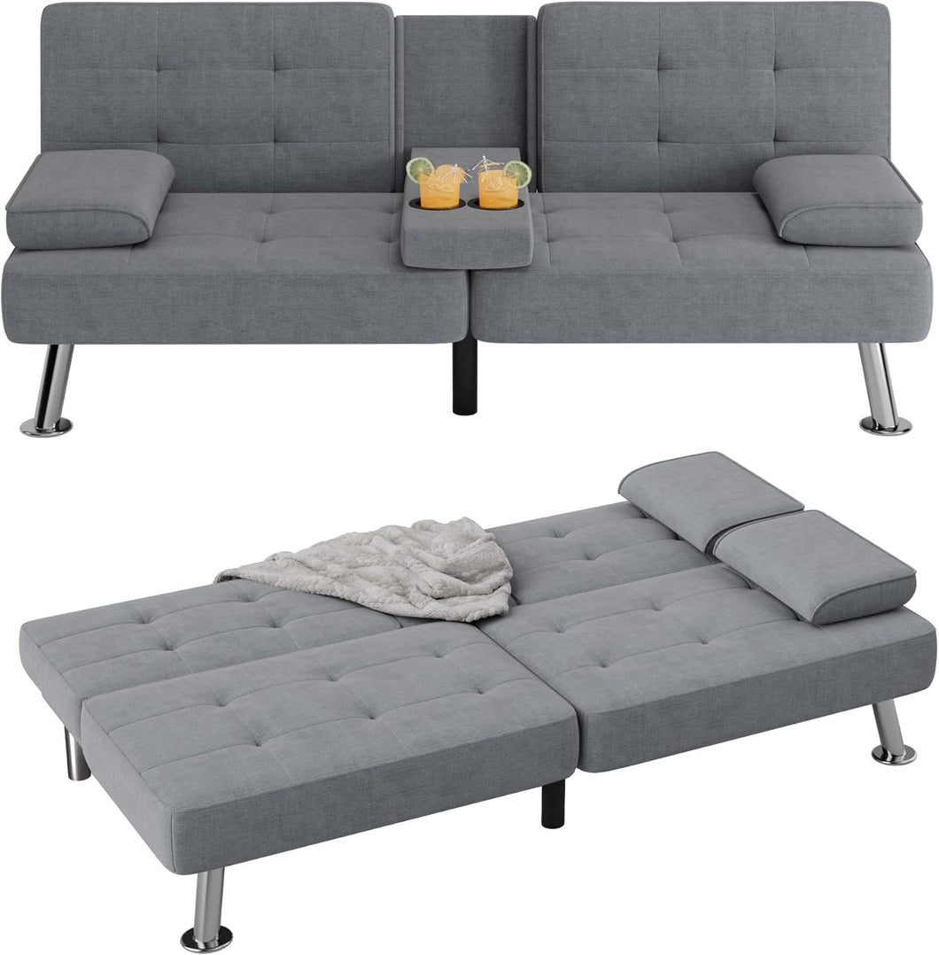 Futon Sofa Bed Modern Folding Futon Set Linen Fabric Convertible Recliner Lounge for Living Room with 2 Cup Holders, Removable Armrests (Fabric, Grey)