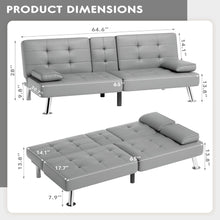Cargar imagen en el visor de la galería, Faux Leather Futon Sofa Bed Futon Couch with Removable Armrests Adjustable Sleeper Sofa Bed with 2 Cup Holders for Living Room (PU Leather, Grey)
