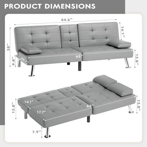 Faux Leather Futon Sofa Bed Futon Couch with Removable Armrests Adjustable Sleeper Sofa Bed with 2 Cup Holders for Living Room (PU Leather, Grey)