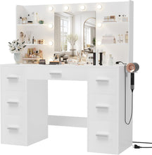 Load image into Gallery viewer, Vanity Desk with Mirror, LED Lights and Power Outlet Makeup Vanity Table with 7 Drawers and 6 Storage Shelves Dressing Table for Bedroom Dressing Room (White)

