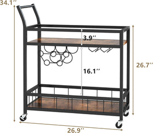 Bar Cart Home Industrial Mobile Bar Cart Serving Wine Cart on Wheels with Wine Rack and Glass Holder 2 Storage Shelves, Beverage Cocktail Cart for The Home Kitchen Dining Party, Black