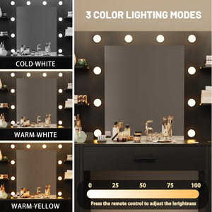 Vanity Desk with Mirror, LED Lights and Power Outlet Makeup Vanity Table with 7 Drawers and 6 Storage Shelves Dressing Table for Bedroom Dressing Room (Black)