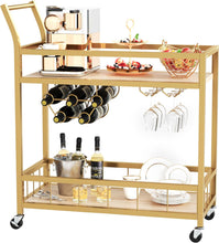 Load image into Gallery viewer, Bar Cart Gold Home Industrial Mobile Bar Cart Serving Wine Cart on Wheels with Wine Rack and Glass Holder 2 Storage Shelves, Beverage Cocktail Cart for The Home Kitchen Dining Party
