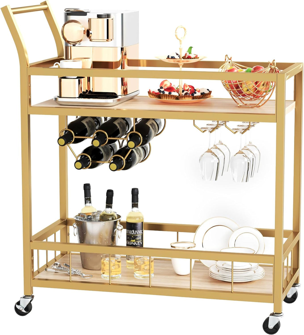 Bar Cart Gold Home Industrial Mobile Bar Cart Serving Wine Cart on Wheels with Wine Rack and Glass Holder 2 Storage Shelves, Beverage Cocktail Cart for The Home Kitchen Dining Party