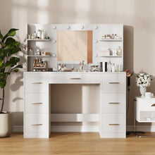 Load image into Gallery viewer, Vanity Desk with Mirror, LED Lights and Power Outlet Makeup Vanity Table with 7 Drawers and 6 Storage Shelves Dressing Table for Bedroom Dressing Room (White)
