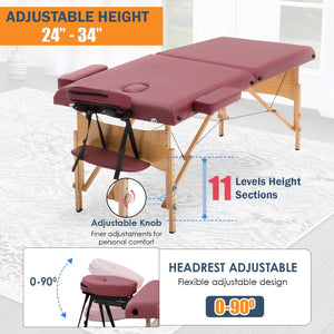 Portable Massage Table 28 Inch Wide Lash Bed Height Adjustable 2 Folding Spa Table with Non-Woven Bag for Spa Footmassage Facial CareSpa Tattoo(Burgundy)