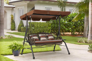 New 3-Seat Outdoor Patio Swing Chair, Large Converting Canopy Porch Swing Glider, Hammock Lounge Chair for Porch, Rattan Wicker Steel Frame Cushion & Pillow, Brown