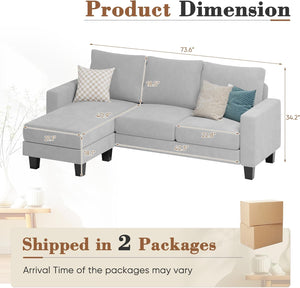 Sofa for Living Room, Couch with Convertible Chaise, 3 Seat L-Shaped Sofas, Comfy Fabric Couches for Apartment, Small Space, Pale Gray