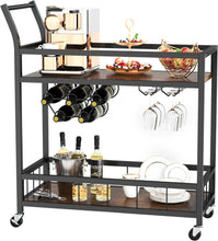 Load image into Gallery viewer, Bar Cart Home Industrial Mobile Bar Cart Serving Wine Cart on Wheels with Wine Rack and Glass Holder 2 Storage Shelves, Beverage Cocktail Cart for The Home Kitchen Dining Party, Black
