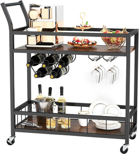 Bar Cart Home Industrial Mobile Bar Cart Serving Wine Cart on Wheels with Wine Rack and Glass Holder 2 Storage Shelves, Beverage Cocktail Cart for The Home Kitchen Dining Party, Black