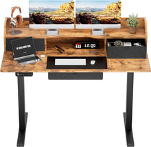 Load image into Gallery viewer, Height Adjustable Electric Standing Desk with Triple Drawers 48 x 24 Inches Stand Up Desk with Large Storage Shelf Memory Preset Sit Stand Desk, Rustic Brown
