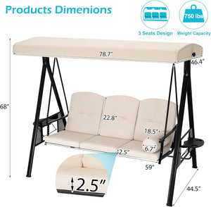 New 3-Seat Outdoor Patio Swing Chair,Canopy Swing with Retractable Side Table and Round Pillow, Adjustable Canopy Hammock & Steel Frame & Removable Cushion, Beige