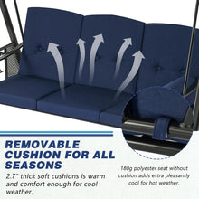 Cargar imagen en el visor de la galería, Outdoor Porch Swing, 3-Seat Porch Swing with Adjustable Canopy, Outdoor Swings for Adult with Dark Blue Removable Cushions for Backyard, Garden, Yard, Poolside, Balcony
