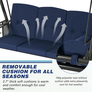 Outdoor Porch Swing, 3-Seat Porch Swing with Adjustable Canopy, Outdoor Swings for Adult with Dark Blue Removable Cushions for Backyard, Garden, Yard, Poolside, Balcony