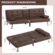 Cargar imagen en el visor de la galería, Faux Leather Futon Sofa Bed Futon Couch with Removable Armrests Adjustable Sleeper Sofa Bed with 2 Cup Holders for Living Room (PU Leather, Brown)

