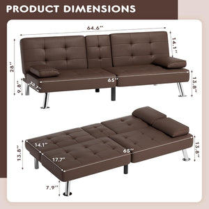 Faux Leather Futon Sofa Bed Futon Couch with Removable Armrests Adjustable Sleeper Sofa Bed with 2 Cup Holders for Living Room (PU Leather, Brown)
